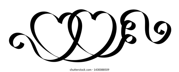 Love Heart Hand Drawn Calligraphy Ribbon on White background lettering, continuous one line drawing curved band with two hearts. Valentines day Romantic Mother's day vector design. 