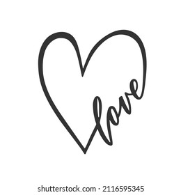 Love with heart hand drawn lettering. Phrase for Valentine's day. Ink illustration. Modern brush calligraphy. Isolated on white background.