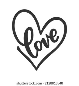 Love with heart hand drawn lettering. Phrase for Valentine's day. Ink illustration. Modern brush calligraphy. Isolated on white background.