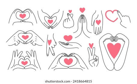 Love heart hand gesture set. Vector illustration. Big hand drawn collection of fingers showing hope, peace, charity, donation signs. Body language. Black line art with pink color.