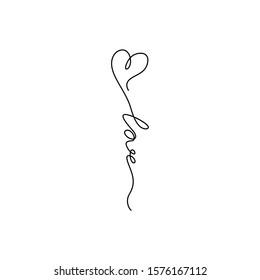 Love with heart hand lettering small tattoo, continuous line drawing, Valentine's Day, print for clothes, t-shirt, emblem or logo design, one single line on a white background, isolated vector