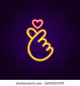 Amor Coração Mão Neon Sinal. Vetor Ilustração de Arte Brilhante de Forma Pop na Moda. Objeto Popular De Lâmpada De Led. Fundo escuro da parede de tijolos.