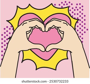 love heart hands gesture in pop art comics style graphic illustration