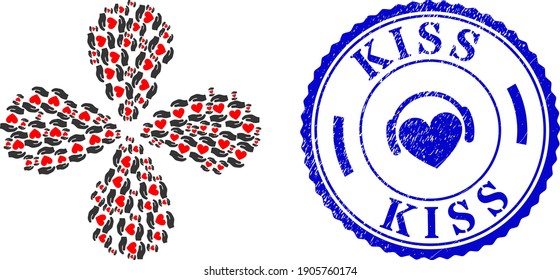 Love heart hands protection twirl motion, and blue round KISS textured stamp imitation with icon inside. Object flower with 4 petals done from oriented love heart hands protection items.