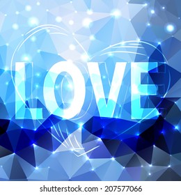 LOVE and heart Happy Valentines day card on blue triangle background