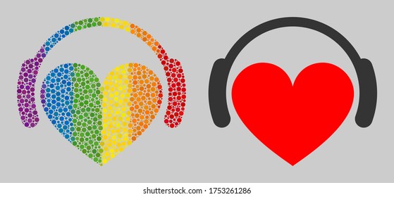 Love heart headphones composition icon of filled circles in variable sizes and spectrum color tinges. A dotted LGBT-colored Love heart headphones for lesbians, gays, bisexuals, and transgenders.