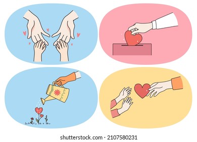 Love heart   help concept  Human hands touching babies hands putting heart to donation box watering love   giving heart to another person vector illustration 
