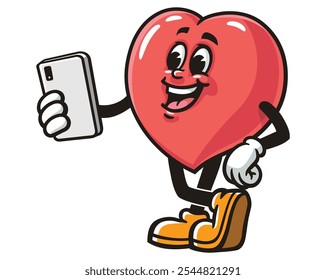 Love Heart holding Gadget, Cartoon Mascot Illustration Character Vector Clip-art Hand-drawn Logo Design