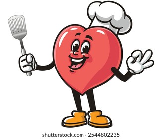 Love Heart holding a spatula and wearing a chef's hat, Cartoon Mascot Illustration Character Vector Clip-art Hand-drawn Logo Design