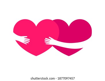 Love heart, heart hug couple. Hearts with hugging hands. Help, care, support together. Vector illustration