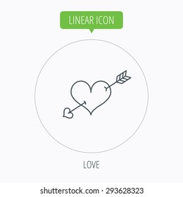 Love heart icon. Amour arrow sign. Linear outline circle button. Vector