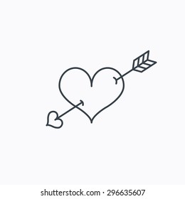 Love heart icon. Amour arrow sign. Linear outline icon on white background. Vector