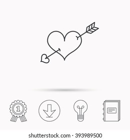 Love heart icon. Amour arrow sign. Download arrow, lamp, learn book and award medal icons.