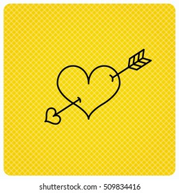 Love heart icon. Amour arrow sign. Linear icon on orange background. Vector
