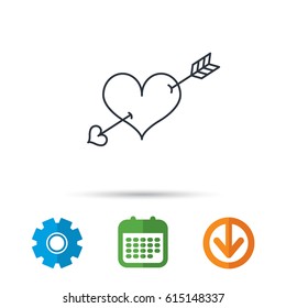 Love heart icon. Amour arrow sign. Calendar, cogwheel and download arrow signs. Colored flat web icons. Vector