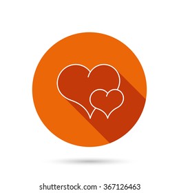 Love heart icon. Couple romantic sign. Round orange web button with shadow.