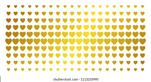 Love heart icon golden halftone pattern. Vector love heart items are arranged into halftone matrix with inclined gold color gradient. Constructed for backgrounds, covers, templates and luxury effects.