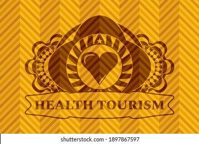 Love heart icon and health tourism text abstract orange color badge. Geometric fancy background. Artistic illustration. 