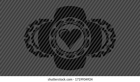 Love heart icon inside carbon fiber dark realistic badge. Polymer texture classic background. Illustration. 
