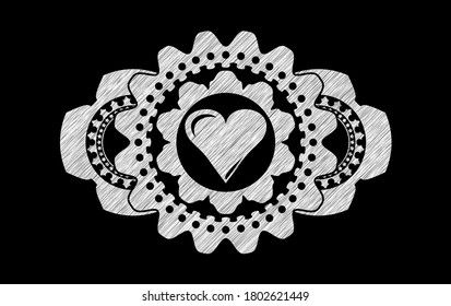 Love heart icon inside chalk blackboard badge. Chalkboard fancy background. Illustration. 