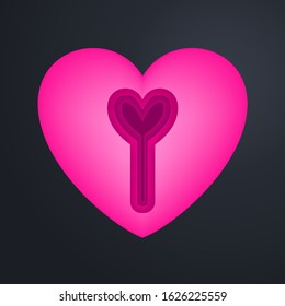 Love heart icon with key hole on paper cut style. Romantic love heart isolated on minimal black background. Valentine sign symbol shape. Vector illustration.