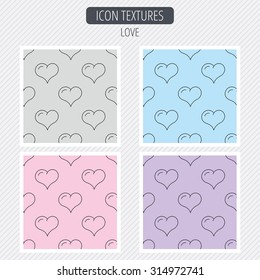 Love heart icon. Life sign. Diagonal lines texture. Seamless patterns set. Vector