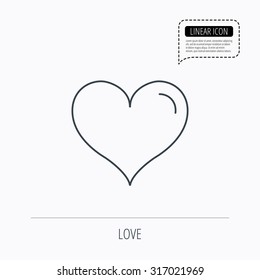 Love heart icon. Life sign. Linear outline icon. Speech bubble of dotted line. Vector