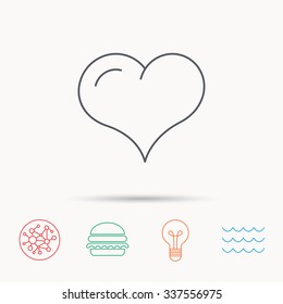 Love heart icon. Life sign. Global connect network, ocean wave and burger icons. Lightbulb lamp symbol.