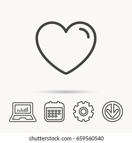 Love heart icon. Life sign. Like symbol. Notebook, Calendar and Cogwheel signs. Download arrow web icon. Vector