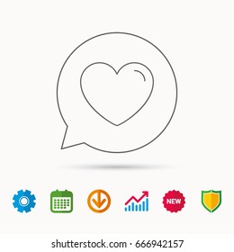 Love heart icon. Life sign. Like symbol. Calendar, Graph chart and Cogwheel signs. Download and Shield web icons. Vector