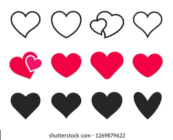 Love heart icon. Loving hearts, red like and lovely romance outline symbols. Valentine lovely passion hearted emotional drawn or valentines day loving postcards vector isolated icons set