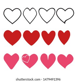 Love heart icon. Loving hearts, red like and lovely romance outline symbols. 