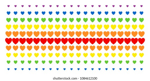 Love Heart icon rainbow colored halftone pattern. Vector shapes organized into halftone array with vertical rainbow colors gradient. Constructed for backgrounds, covers,
