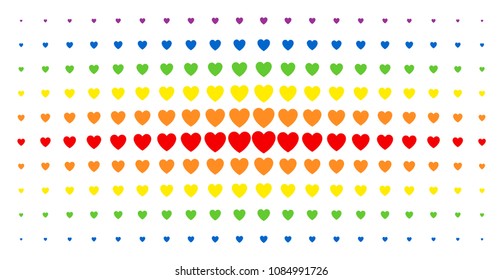 Love heart icon rainbow colored halftone pattern. Vector love heart items are organized into halftone array with vertical rainbow colors gradient. Constructed for backgrounds, covers,