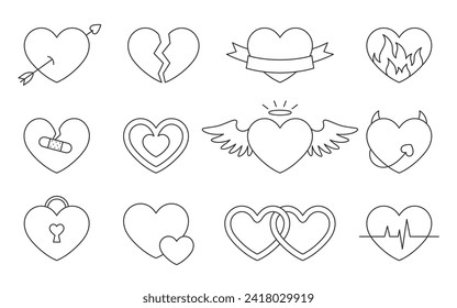 Love heart icon saint valentine day doodle black line set. Editable stroke enchanted lock angel broken heart separation devil wedding amur cupid arrow cardio pulse ribbon congrats isolated