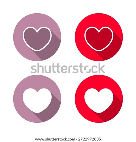 Love heart icon set long shadow. Romance, favorite, and affection symbol