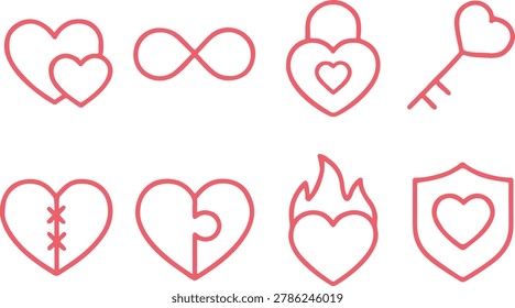 Love and Heart Icon Set in Pink Line Art Style. A set of eight romantic vector icons featuring hearts with themes like infinity, padlock, key, puzzle, and fire. Minimalist pink outline design on a clean white background.