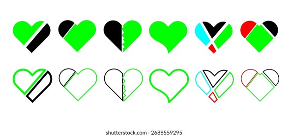 Love heart icon set. Heart shape isolated on white background. Love shape with mix color. Vector illustration.