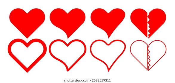 Conjunto de iconos de corazón de amor. Forma del corazón aislado en el fondo blanco. Forma del amor con color rojo. Ilustración vectorial.
