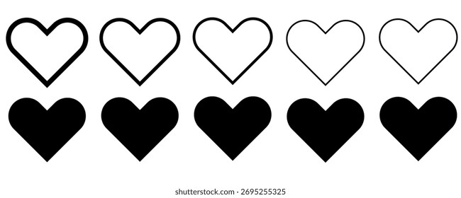 Love heart icon set. Heart shape isolated on white background. Love shape with black color. Vector illustration.