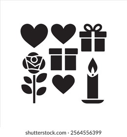 love and heart icons, gift, candle, rose, cake, ring on valentine's day