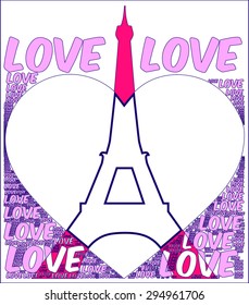 Love heart illustration with Paris Eiffel tower silhouette together and Love words background vector poster pattern. For fashion and graphic design, travel, tour and valentines day gift