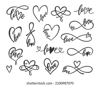 Love with heart and infinity sign hand drawn lettering set. Phrases for Valentine's day. Ink illustrations. Modern brush calligraphy. Isolated on white background.