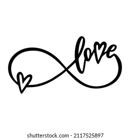 Love with heart and infinity sign hand drawn lettering. Phrase for Valentine's day. Ink illustration. Modern brush calligraphy. Isolated on white background.