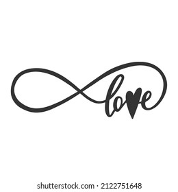 Love with heart and infinity sign hand drawn lettering. Phrase for Valentine's day. Ink illustration. Modern brush calligraphy. Isolated on white background.