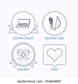 Love heart, jewelry and bow-knot icons. Valentine amour arrows linear sign. Award medal, star label and speech bubble designs. Vector