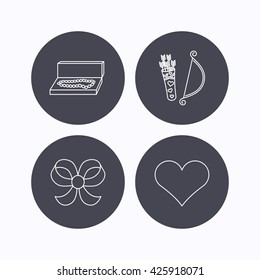 Love heart, jewelry and bow-knot icons. Valentine amour arrows linear sign. Flat icons in circle buttons on white background. Vector
