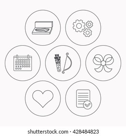 Love heart, jewelry and bow-knot icons. Valentine amour arrows linear sign. Check file, calendar and cogwheel icons. Vector