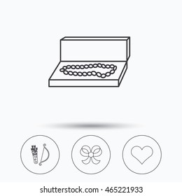 Love heart, jewelry and bow-knot icons. Valentine amour arrows linear sign. Linear icons in circle buttons. Flat web symbols. Vector