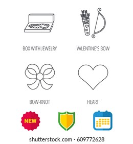 Love heart, jewelry and bow-knot icons. Valentine amour arrows linear sign. Shield protection, calendar and new tag web icons. Vector